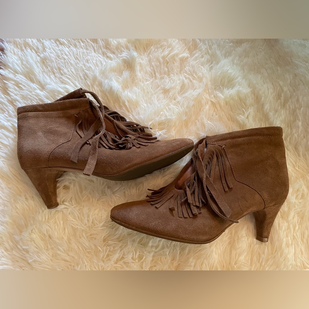 Camel suede Maje fringe ankle booties, size 37